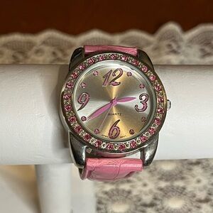 Sparkly Pink and Silver Toned Women’s Quartz Watch with Pink Strap